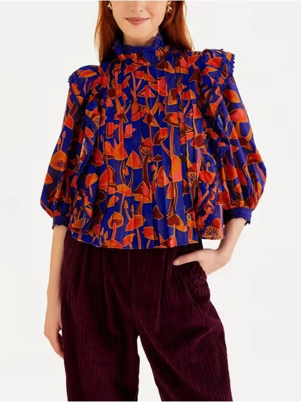 Farm Rio: MUSHROOM SKETCH BRIGHT BLUE BLOUSE